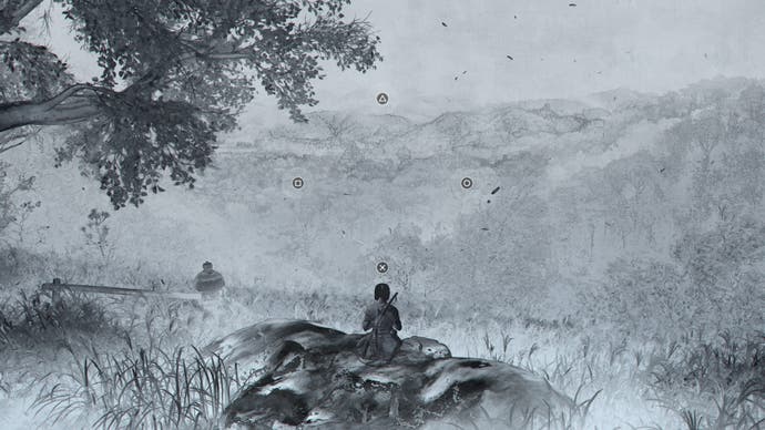 Screenshot da AC Shadows che mostra Naoe durante un minigioco di meditazione invernale