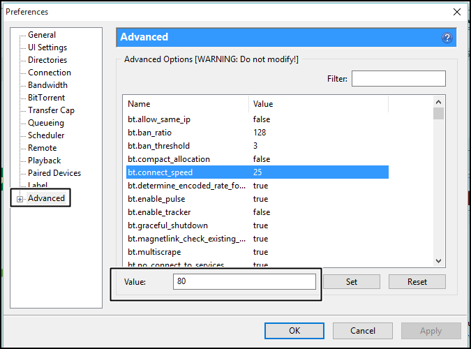 Establece el valor de 'bt.connect_speed' a 80