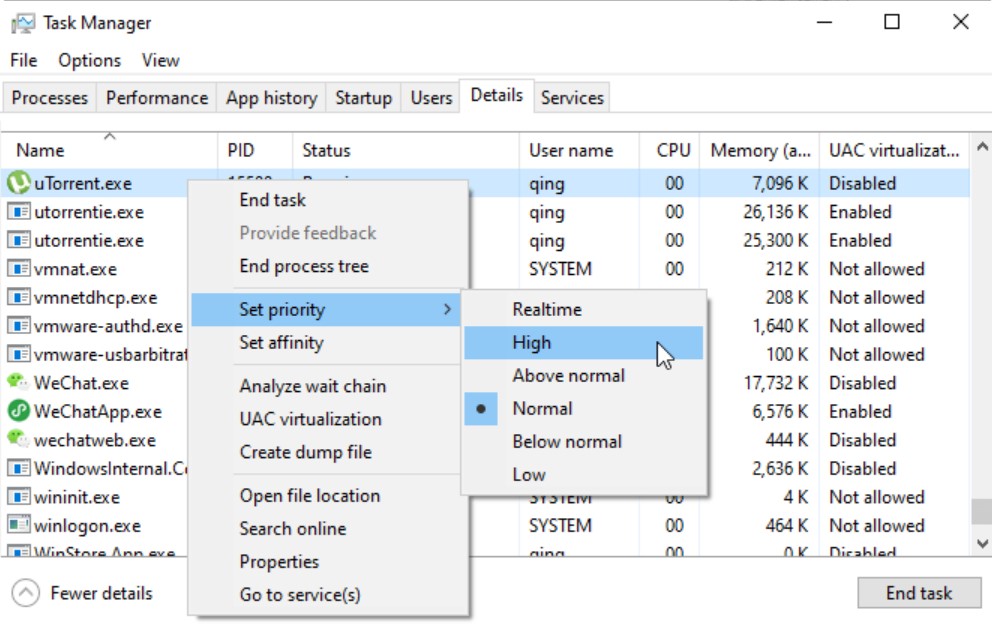 Establece la prioridad de uTorrent a alta
