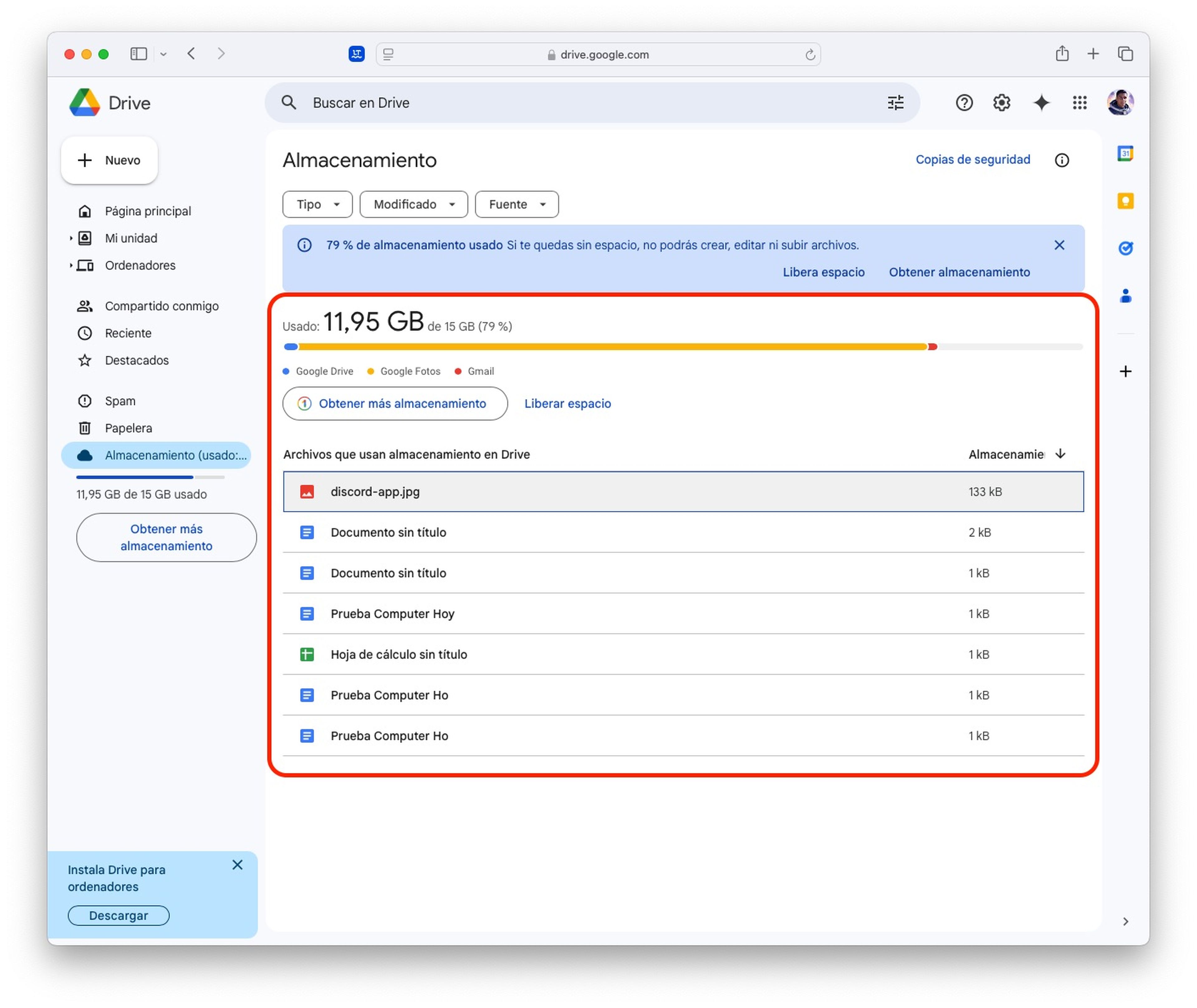 Almacenamiento Google: Cómo ganar GB sin borrar nada 📂✨ 14 Identificá archivos grandes dentro de Google Drive
