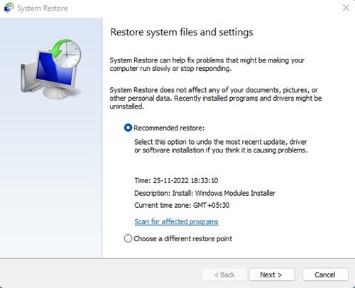 Return to a previous restore point