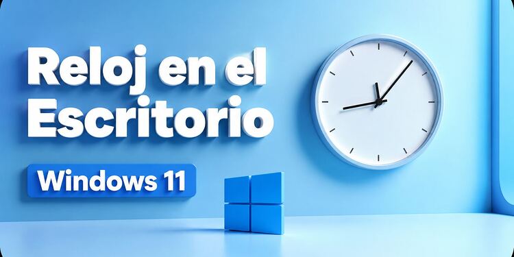 Permanente Uhr in Windows 11: Optionen, Grenzen und wichtige Entscheidungen 26 Reloj persistente Windows 11: opciones para mostrar un reloj persistente, limitaciones y decisiones prácticas, con fondo azul, icono de Windows y reloj analógico minimalista.