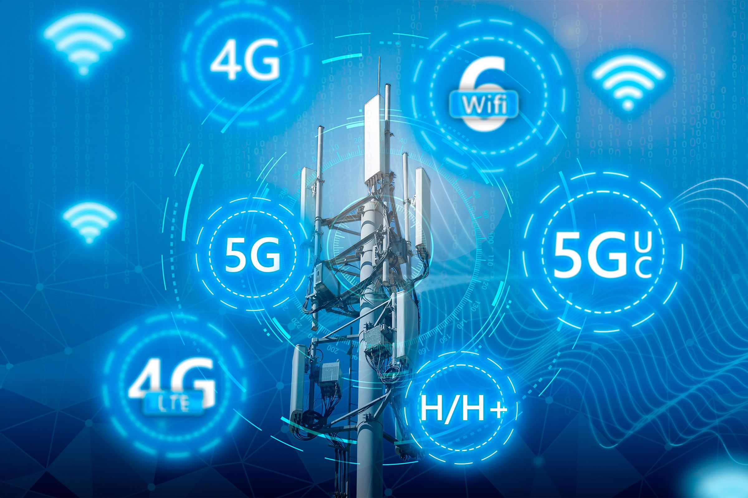 5G mmWave: A tecnologia mais rápida que vai mudar sua conexão 🚀⚡ 11 Uma torre de telecomunicações com ícones representando diferentes tipos de conexões de internet ao redor dela.