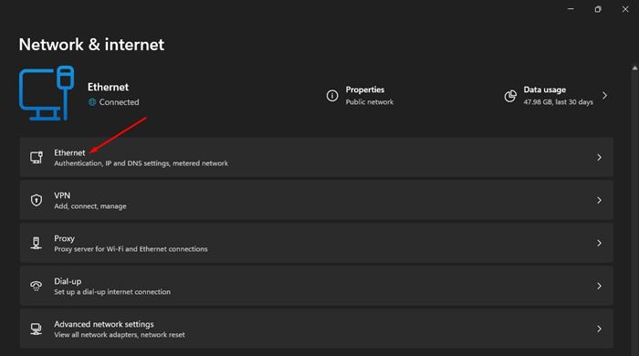 Нажмите на опцию Ethernet.