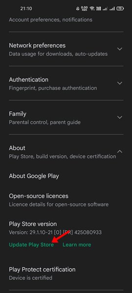 'Actualizar Play Store'