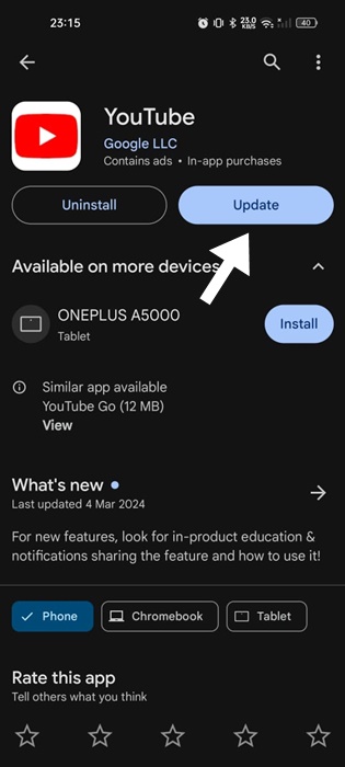 Aktualisieren Sie die YouTube-App