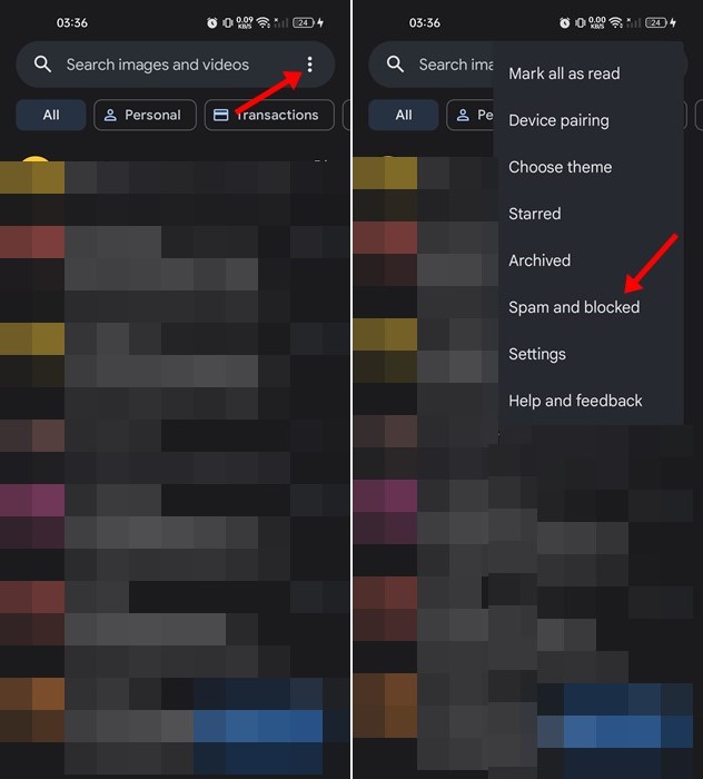 toca en los tres puntos, y selecciona la opción Spam & bloqueados