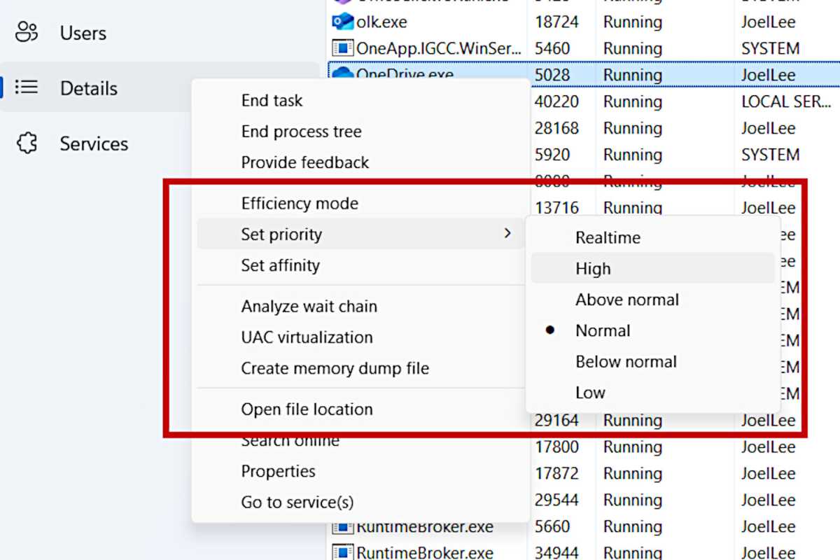 Optimizando el Administrador de Tareas: atajos y hacks para ser un experto hoy mismo ⚡👨💻 23 Captura de pantalla del Administrador de tareas estableciendo la prioridad de un proceso