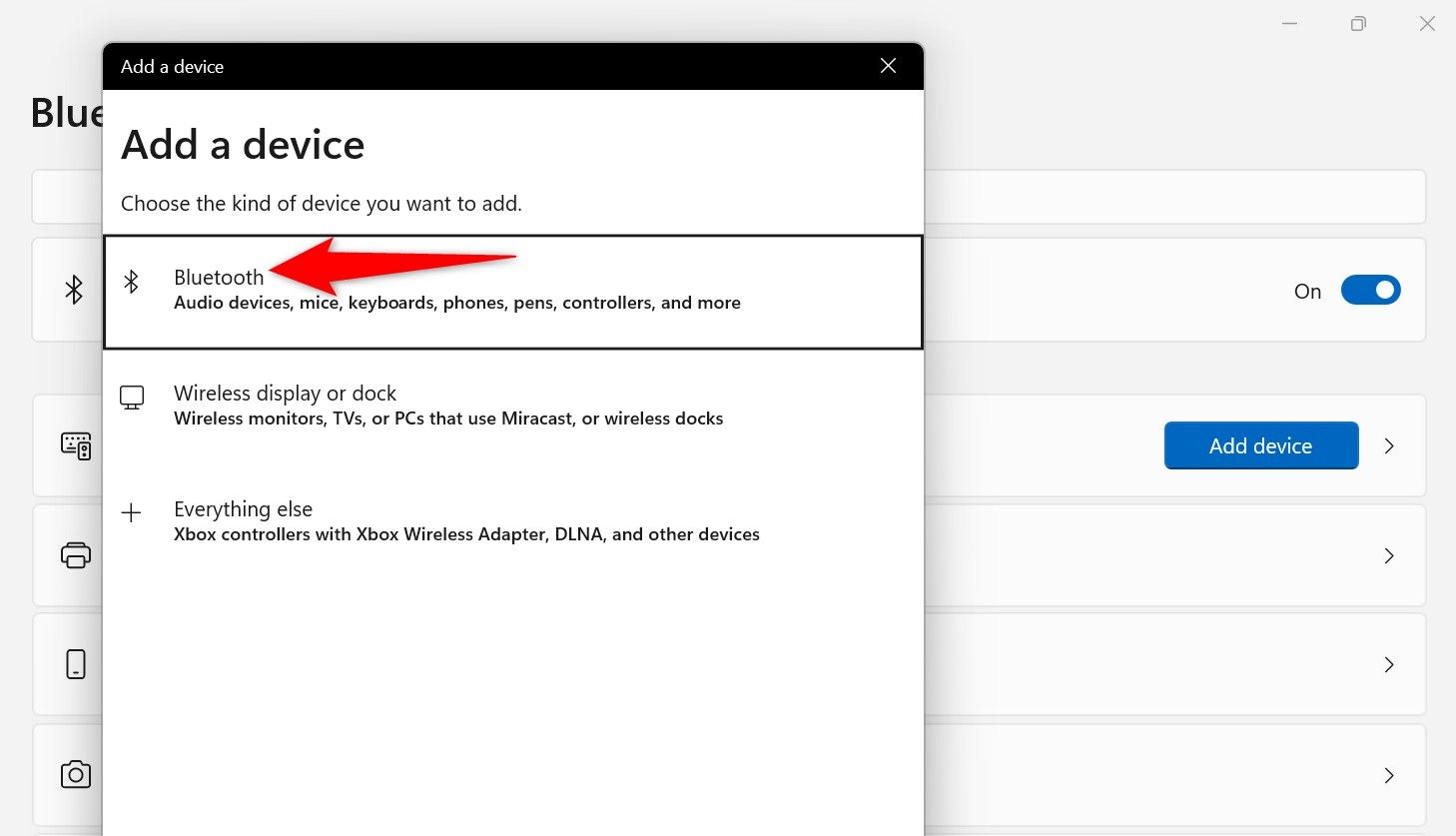 “บลูทูธ” ถูกเน้นไว้ในหน้าต่าง “เพิ่มอุปกรณ์”