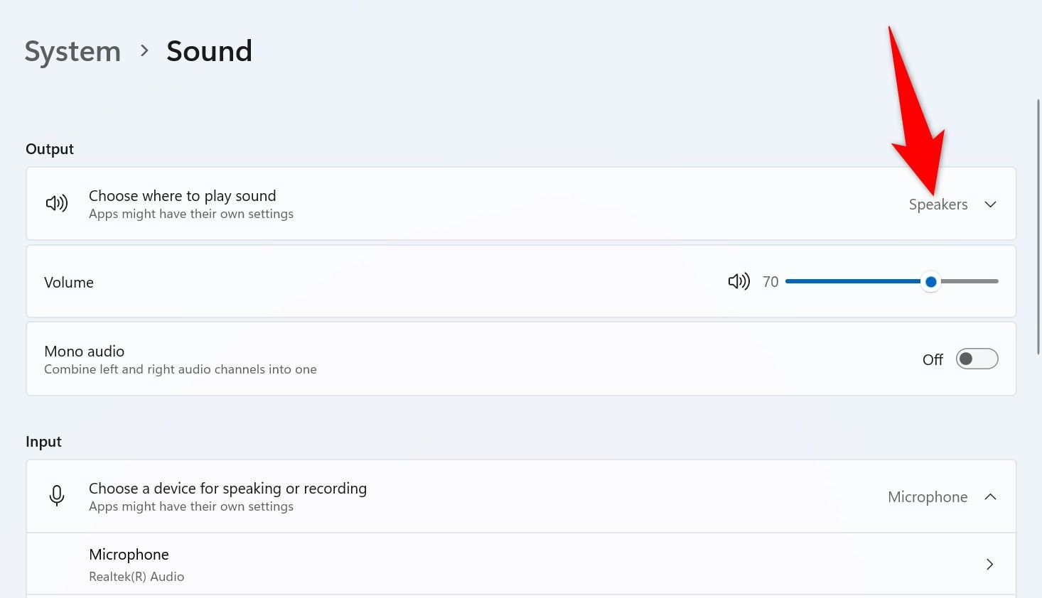 "เลือกตำแหน่งที่จะเล่นเสียง" ที่ถูกเน้นไว้ในการตั้งค่า Windows 11