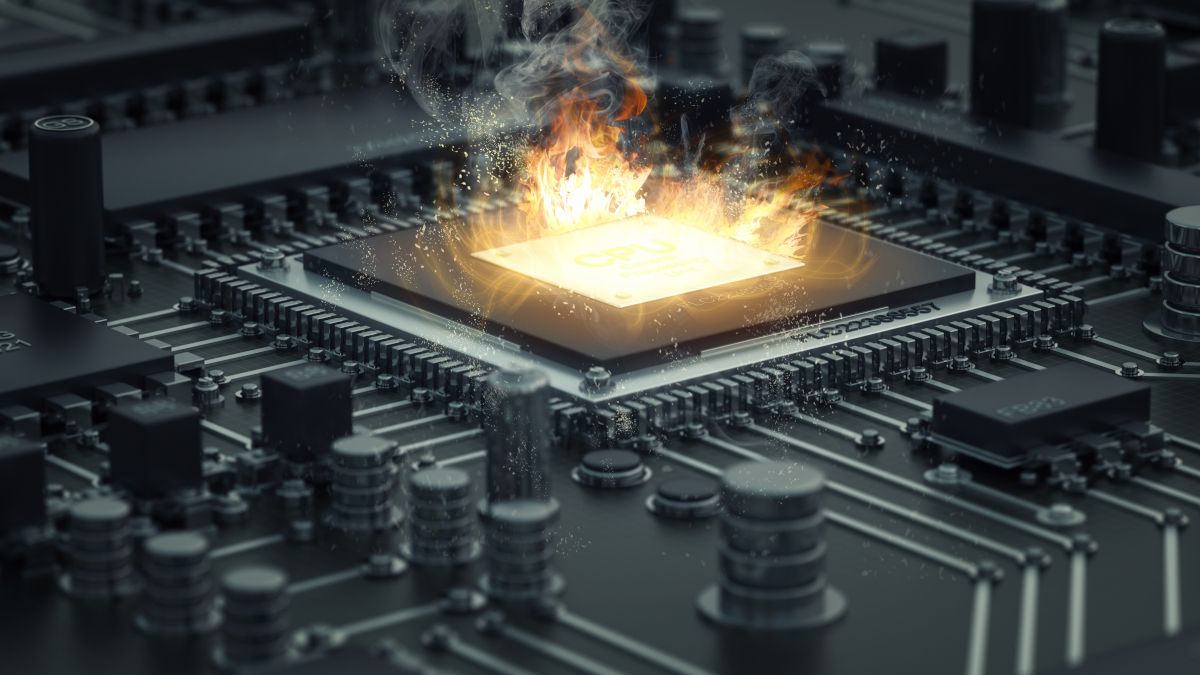 PBO on AMD CPUs: Discover the secret to getting the most out of it! 3D illustration of a CPU with flames and smoke rising from it.