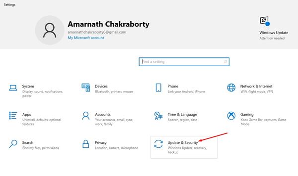 Opción de Actualización y seguridad