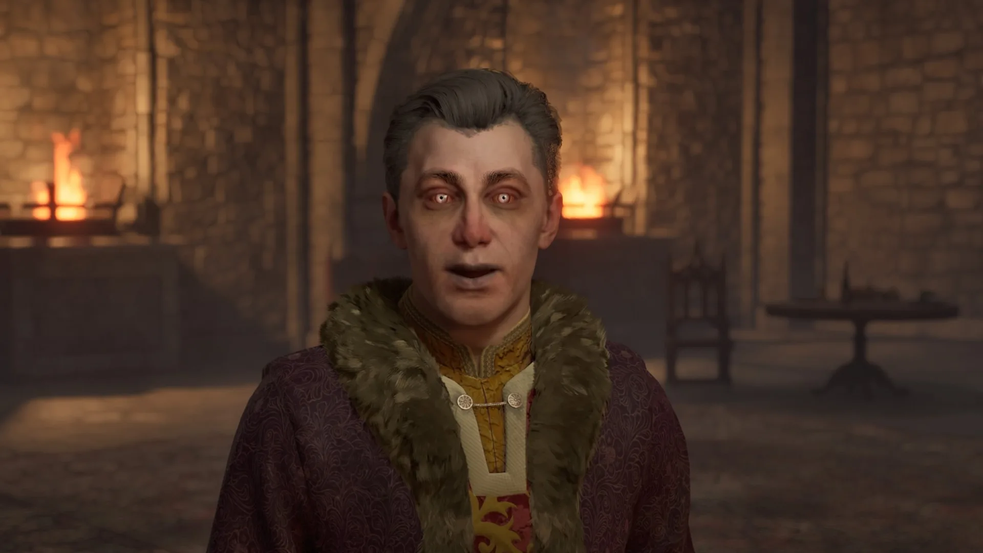 علاج مصاص الدماء في Oblivion Remastered: 3 طرق - نص بديل: شخصية مصاص دماء ذات عيون شاحبة وبشرة شاحبة في غرفة من العصور الوسطى ذات جدران حجرية ونار مشتعلة، مشهد من لعبة الفيديو The Elder Scrolls IV: Oblivion، يوضح كيفية علاج مصاص الدماء.