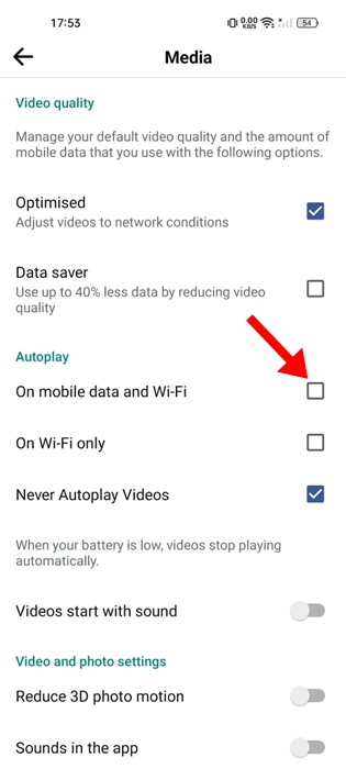 Setting autoplay on mobile data and WiFi on Facebook