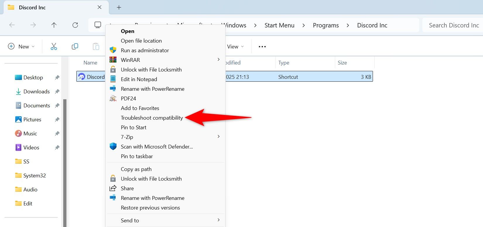 Windows 11-kompatibilitetsläge: Kör spel NU ⚡️ 10 Alternativet "Felsök kompatibilitet" markerat i ett programs snabbmeny.