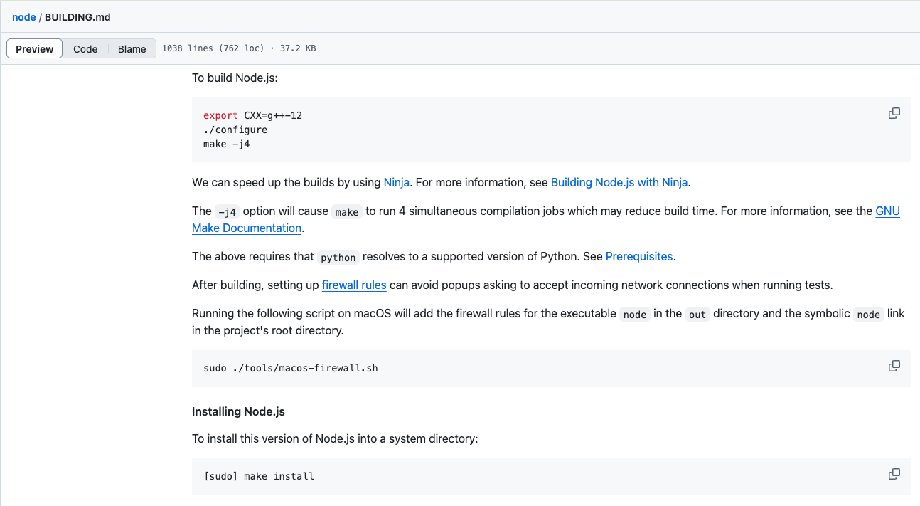 Compilar en Linux: Ejecutable en minutos con 3 comandos ⚡ 11 Fragmento del archivo BUILDING.md de Node.js mostrando ./configure, make y make install.