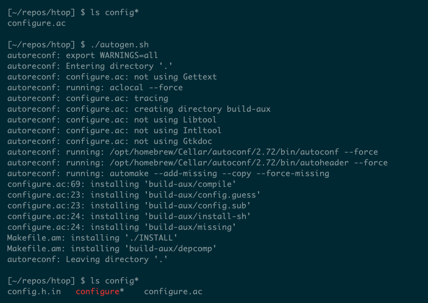 Compilar en Linux: Ejecutable en minutos con 3 comandos ⚡ 12 Salida del script autogen.sh en código fuente de htop generando configure.
