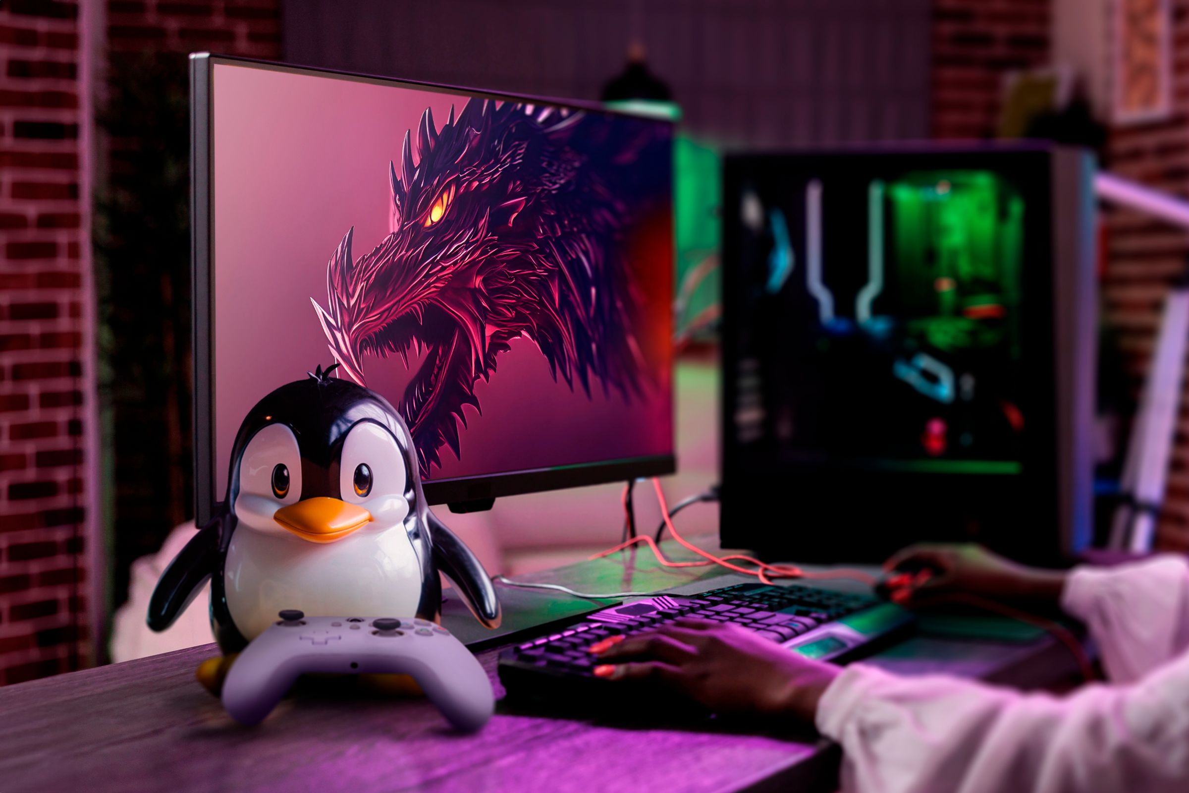 最新PCのLinux:PCのパフォーマンスを向上させる5つのディストリビューション 画面に Garuda Linux が表示され、Tux マスコットがビデオ ゲーム コントローラーを持っている PC ゲーマー。