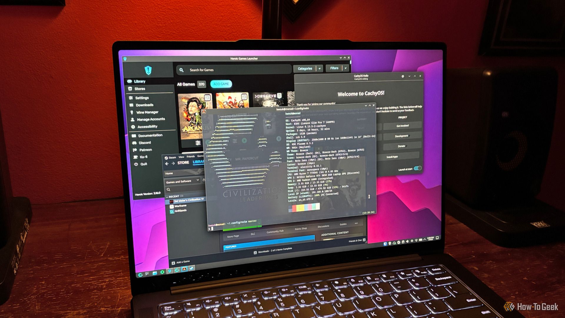 最新PCのLinux:PCのパフォーマンスを向上させる5つのディストリビューション CachyOS は Steam、Heroic Games Launcher、CachyOS Hello アプリを実行しています。