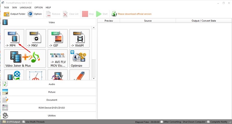 Seleccionar formato MP4 en Format Factory para Windows 11