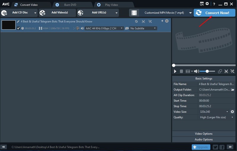 Botón Convertir Ahora en Any Video Converter para convertir MKV a MP4