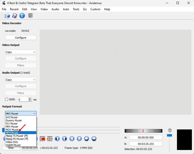 Seleccionar MP4 muxer en Avidemux