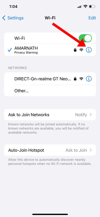 iPhone Wi-Fi'ye bağlanmıyor mu? 2 dakikalık çözüm 🔧 22 (i) WiFi ağ seçenekleri için düğme