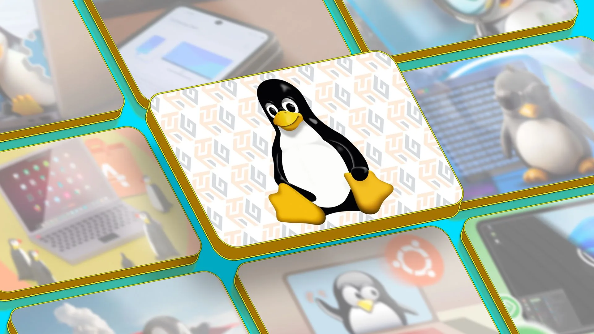 Mascota de Linux en el centro de la pantalla con imágenes destacadas de artículos alrededor.