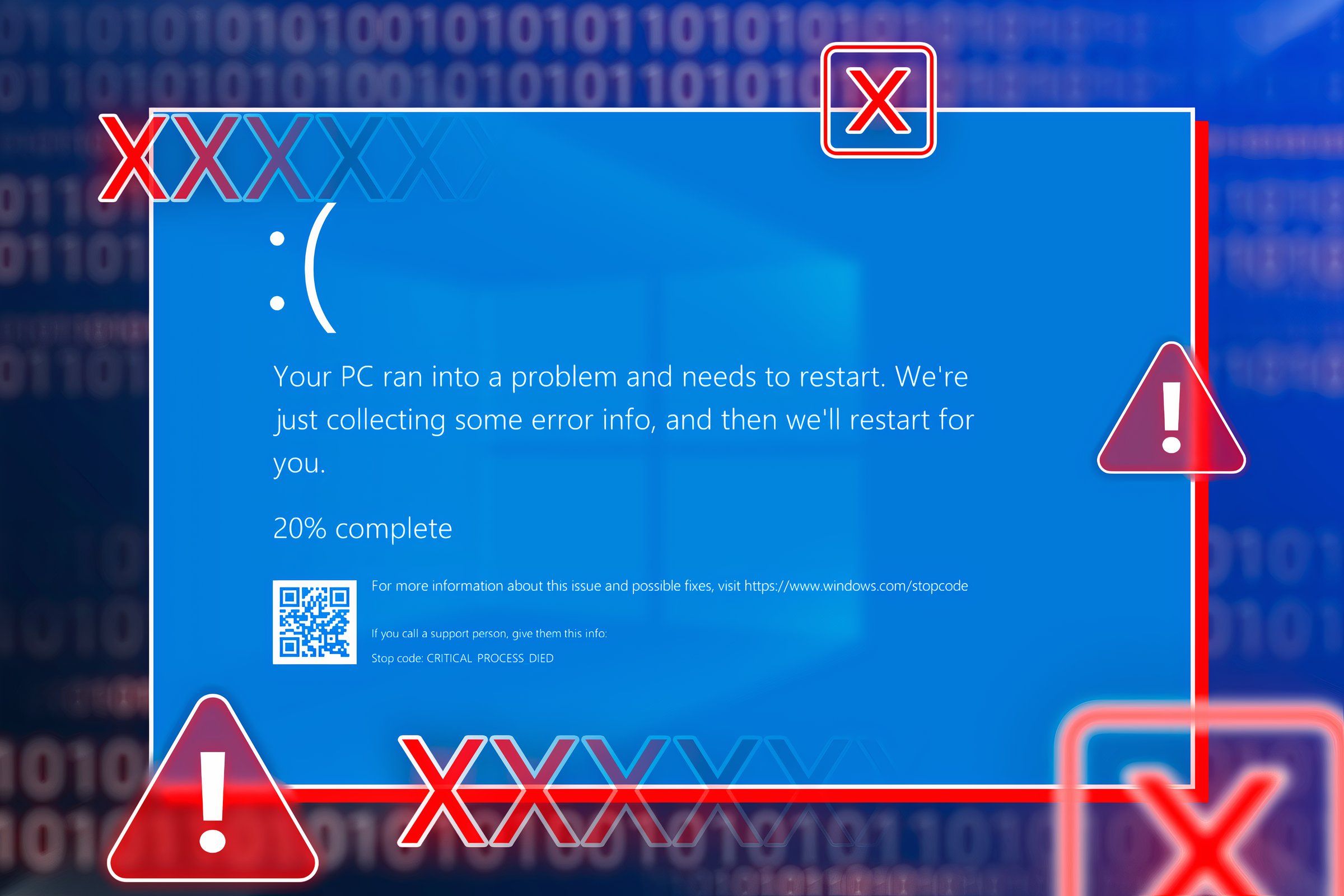 Notificaciones de Windows: ignóralas y pierdes todo 🔥 10 Pantalla azul de Windows con señales de advertencia y códigos binarios desenfocados de fondo.