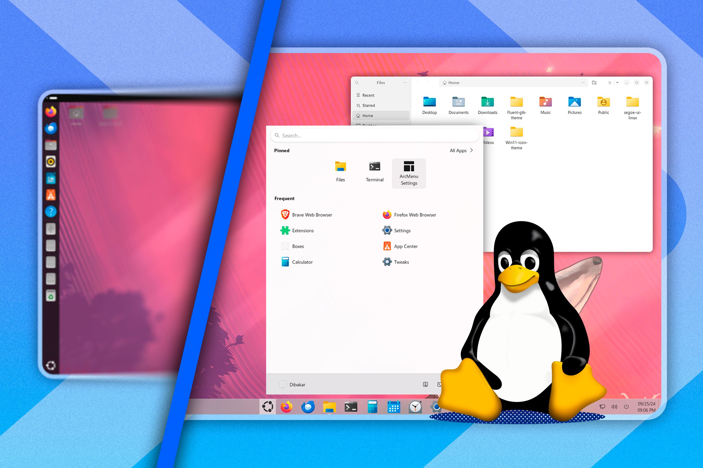 사용자 경험을 향상시키는 Ubuntu 설정: 7가지 비밀 배우기 15 Pantalla dividida con Ubuntu estándar a la izquierda y Ubuntu similar a Linux a la derecha, con Tux al lado.