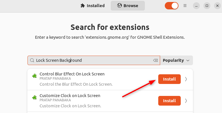 Configuraciones de Ubuntu que mejoran tu experiencia: Aprendé los 7 Secretos 17 Buscando la extensión de desenfoque de la pantalla de bloqueo en el gestor de extensiones de GNOME.