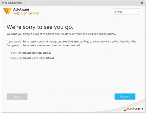 Screenshot della rimozione di Ad-Aware Web Companion su Windows