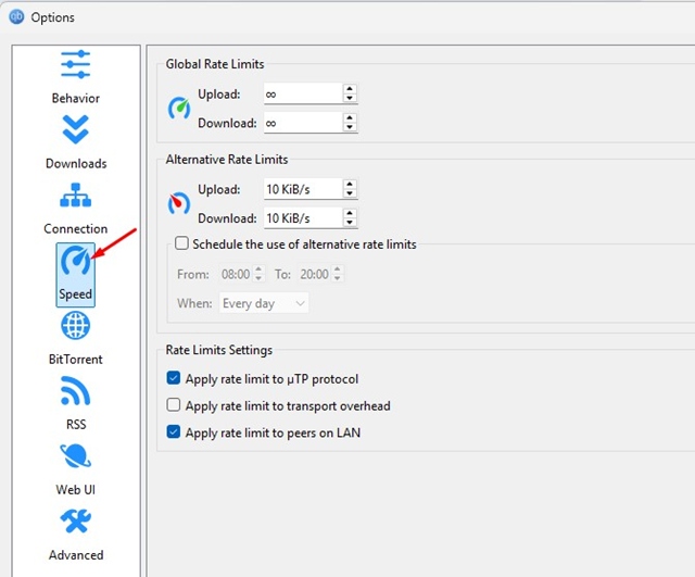 Как запланировать загрузки в qBittorrent: трюк ⏰⚡ 10 Вкладка «Скорость» в qBittorrent