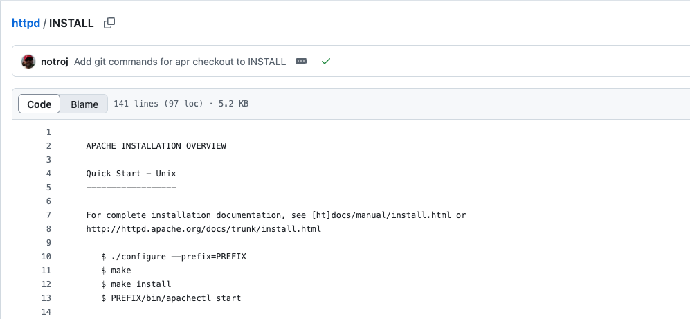 Compilar en Linux: Ejecutable en minutos con 3 comandos ⚡ 10 Fragmento del archivo INSTALL de Apache mostrando pasos ./configure, make y make install.