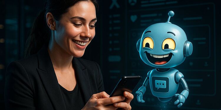 Grok AI on X: الوصول المجاني ودردشة الروبوت الأكثر متعة! 🤖🎉 21 Grok AI en X - Usuario interactuando con Grok AI en X desde el móvil; chatbot azul brindando asistencia de IA generativa en la plataforma de redes sociales.