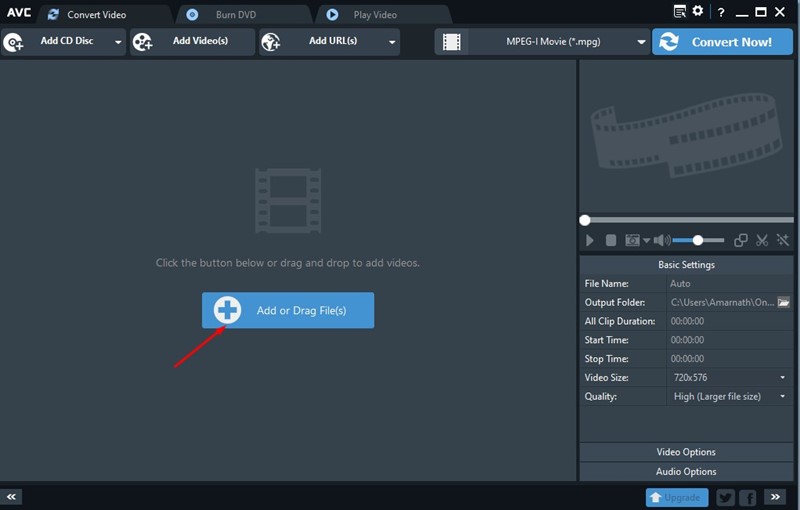 Botón Añadir o Arrastrar Archivos en Any Video Converter para Windows 11