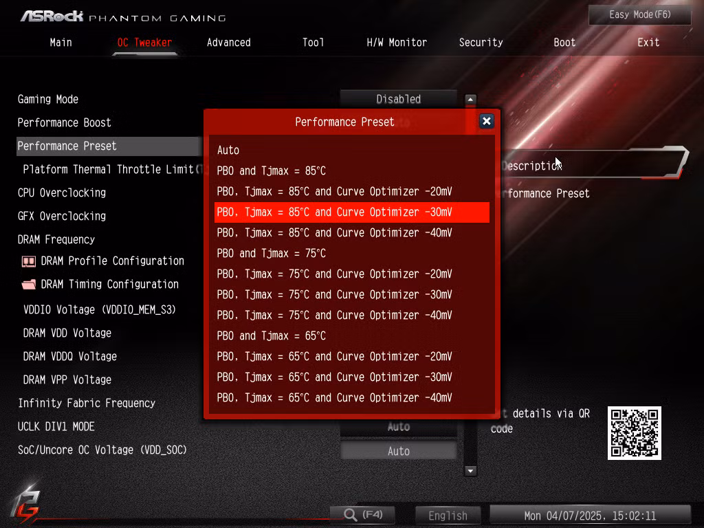 Predefinições de desempenho no menu BIOS da ASRock B650M PG Riptide.