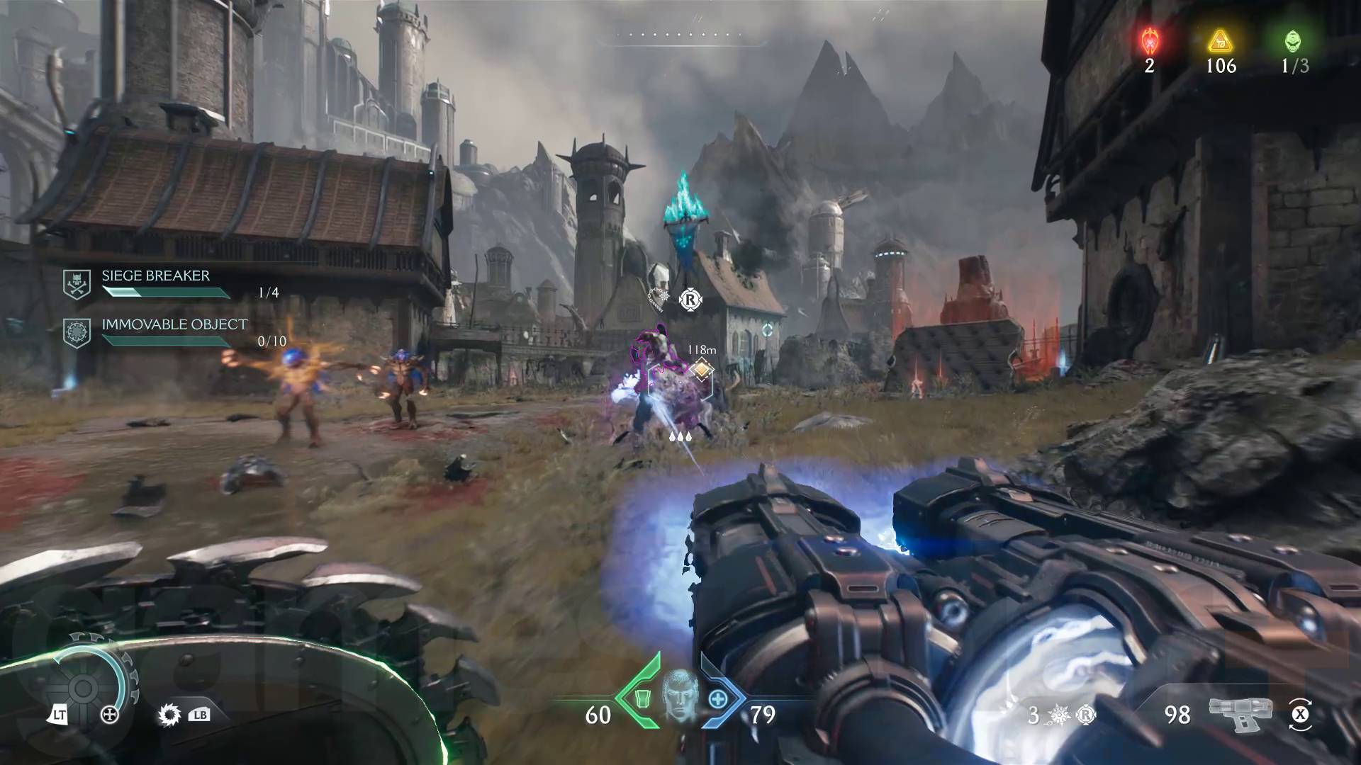 《毁灭战士：黑暗时代》中，等离子循环枪向移动的恶魔开火。