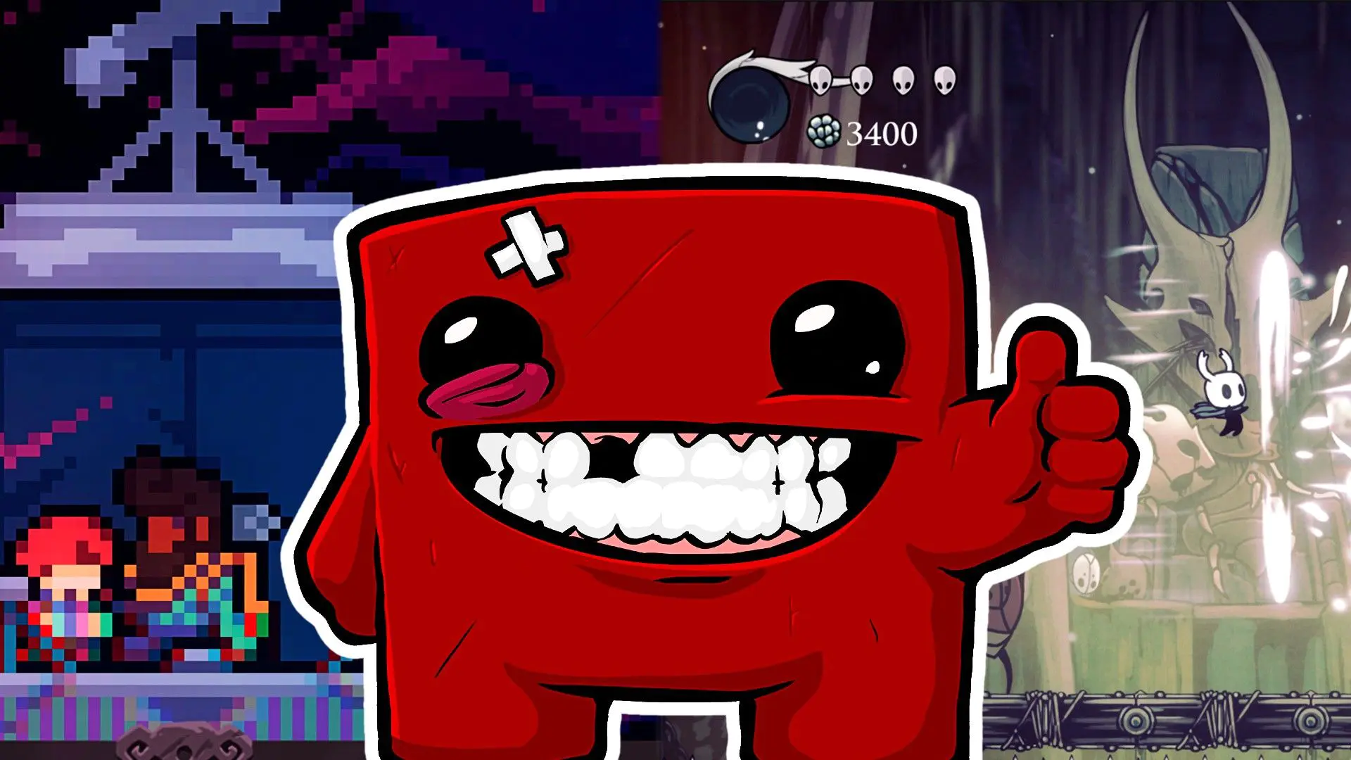 Jogos que começaram como jogos em Flash: 13 títulos que vão te surpreender! 😱🔥 24 Jogos que começaram como jogos em Flash - Personagem vermelho sorridente de Super Meat Boy com o polegar para cima, em frente a um fundo de jogos indie como Hollow Knight e jogos de plataforma em pixel art, para o artigo "13 ótimos jogos que você não vai acreditar que começaram como jogos pequenos".