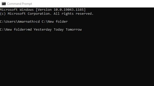Comando md para crear carpetas Ayer Hoy Mañana en CMD
