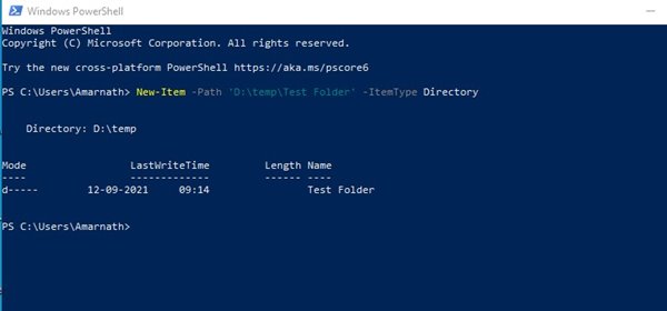 Carpetas visibles en directorio después de usar PowerShell