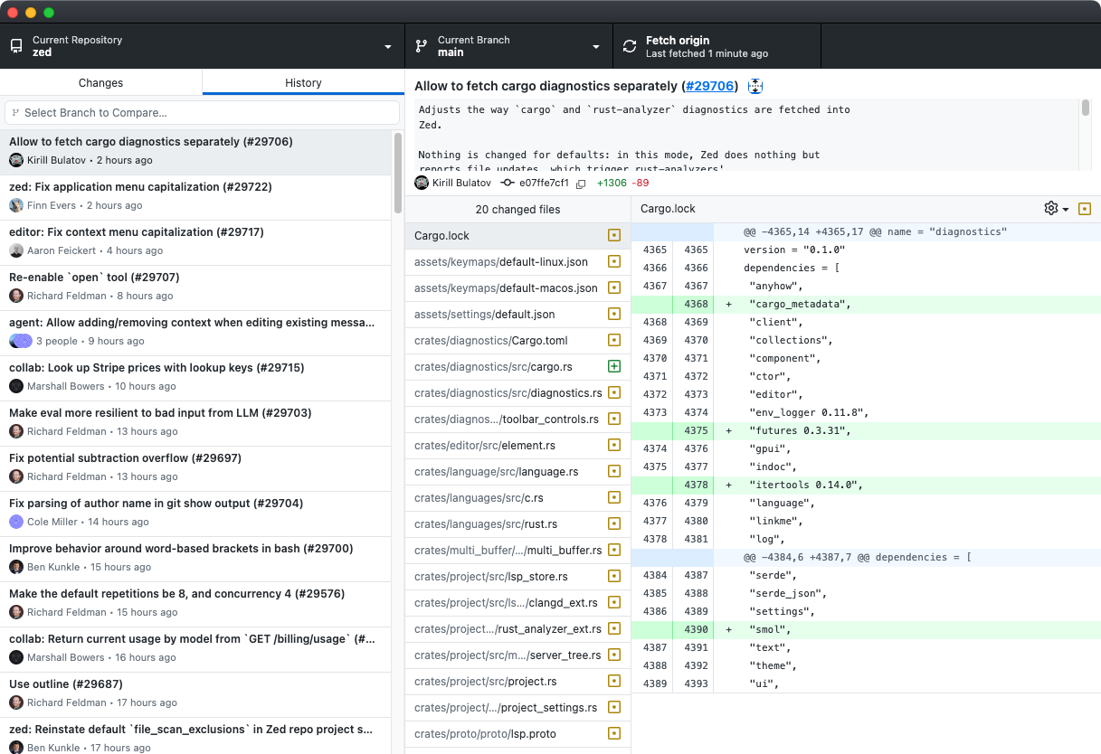 Git vs GitHub: ¿Cuál elegir hoy? 🔥 8 App GitHub Desktop mostrando el historial de commits y detalles de cada uno.