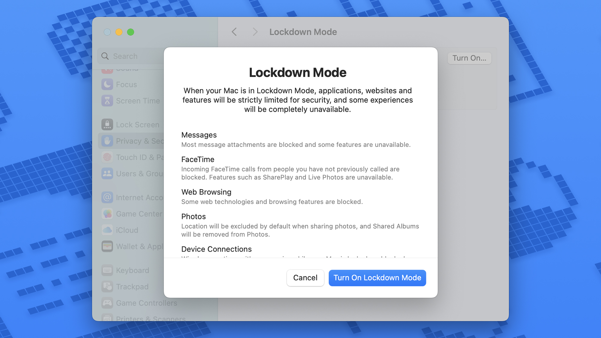 Lock Mode on iOS: Activate it NOW and secure your iPhone 8 Mac screenshot showing window with options to activate Lockdown Mode.