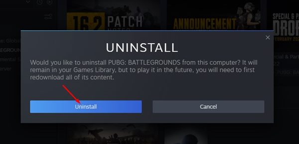 Confirma la desinstalación del juego