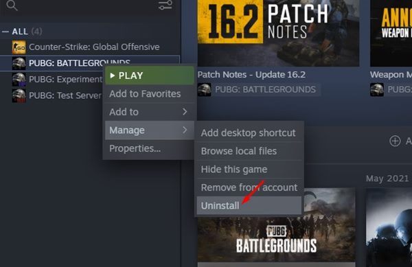 Haz clic en Desinstalar para eliminar el juego