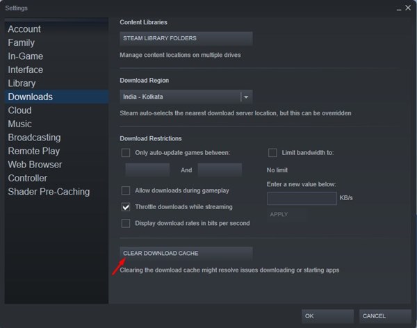 Botón para limpiar caché de descargas en Steam
