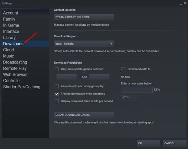 Configuración para limpiar caché de descargas en Steam