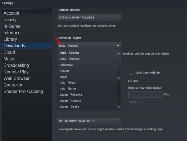 Selector de región de descarga en Steam