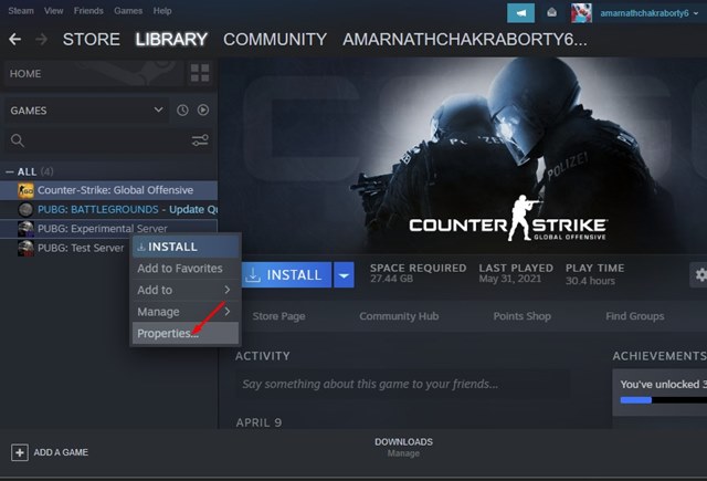 Propiedades del juego en Steam