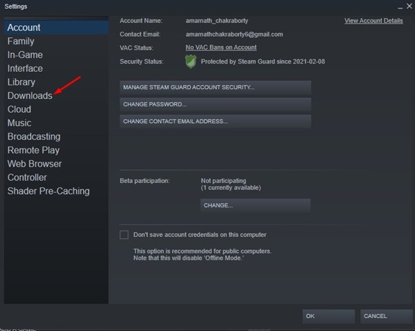 Pestaña Descargas en la configuración de Steam